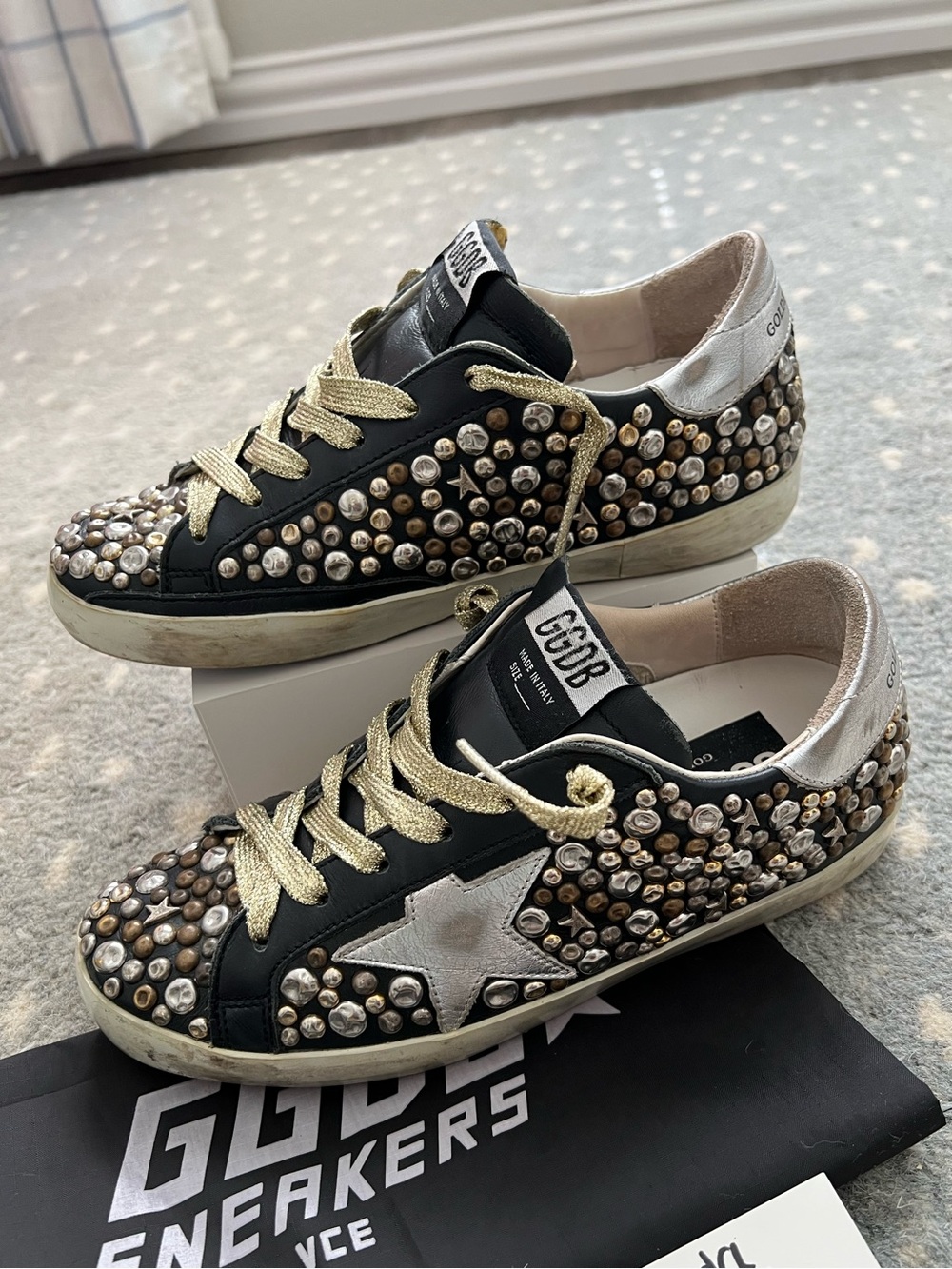 Golden Goose Black Leather Studded Sneakers with Silver Star and Gold Laces - Picture 1 of 5